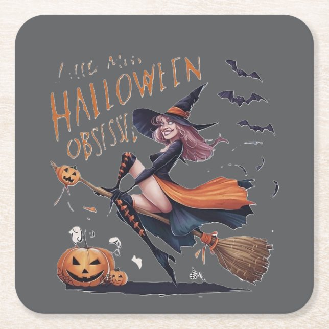 Little Miss Halloween Obsessed Square Paper Coaster (Front)