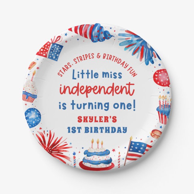 Little Miss Independent 4th of July 1st Birthday Paper Plate (Front)