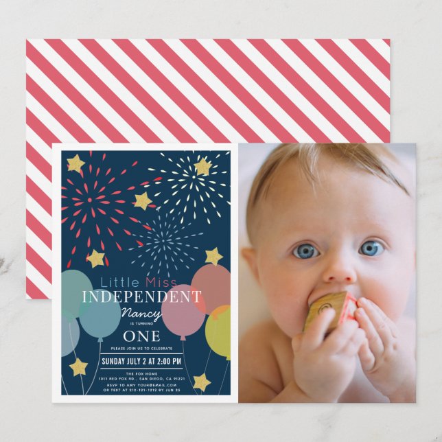 Little Miss Independent Fireworks Photo Birthday Invitation (Front/Back)