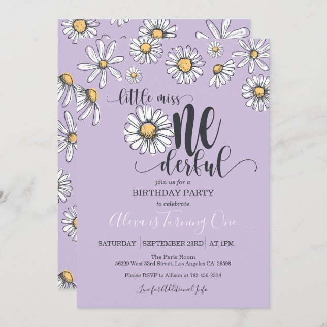 Little Miss ONE Daisy Anniversaire Invitation Pu (Devant / Derrière)