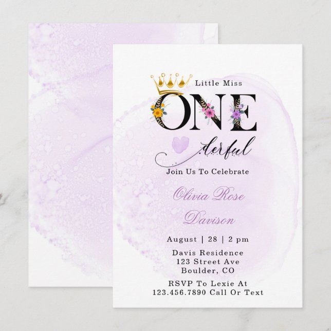 Little Miss One-derful Purple 1st Birthday Party I Invitation (Front/Back)