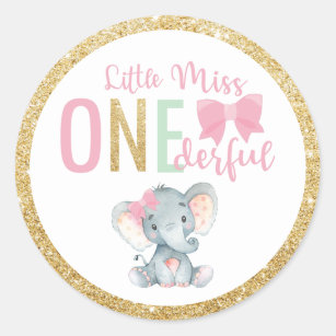 Little Miss ONEderful 1st Birthday Favor Elephant Classic Round Sticker