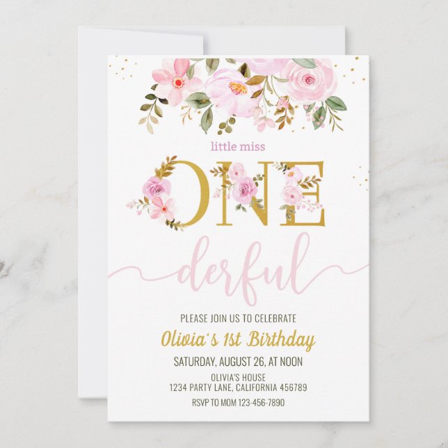 Little Miss Onederful 1st Birthday Invitation Girl (Front)