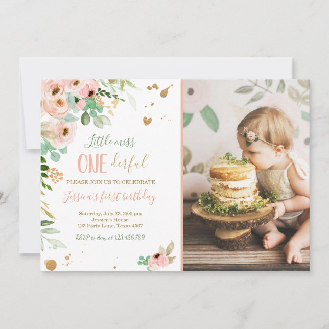 Little Miss Onederful 1st Birthday Invite Floral (Front)