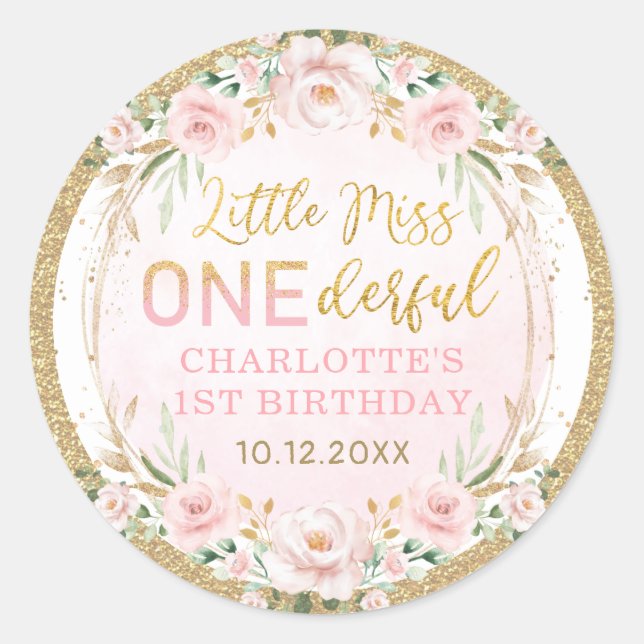 Little Miss ONEderful Blush Pink Floral Birthday Classic Round Sticker (Front)