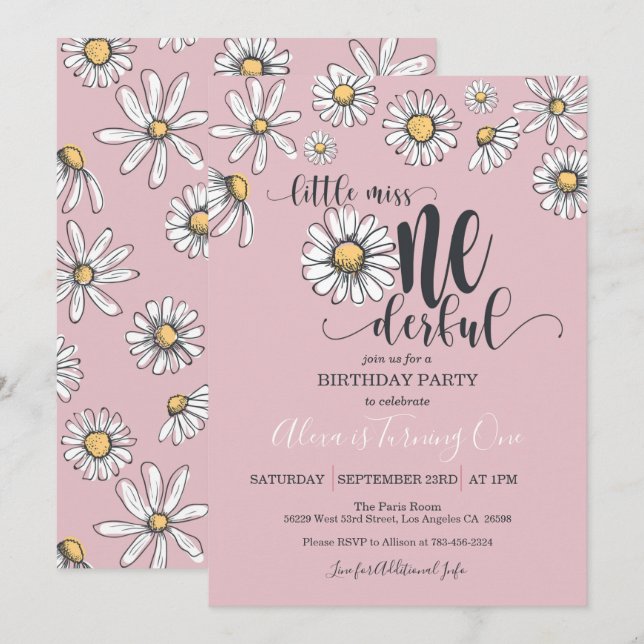 Little Miss ONEderful Daisy Birthday Invitation -P (Front/Back)