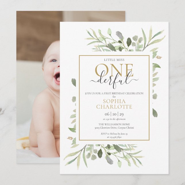 Little Miss ONEderful Elegant Photo First Birthday Invitation (Front/Back)