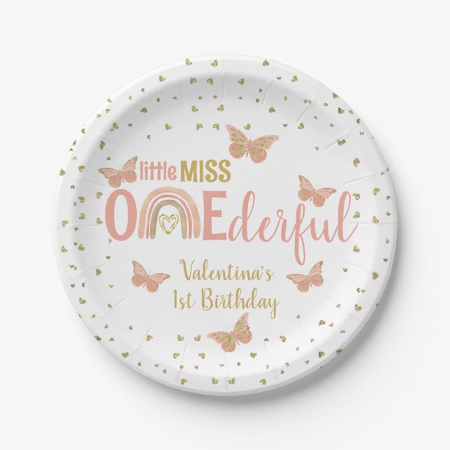 Little Miss ONEderful First Birthday Butterflies Paper Plate (Front)
