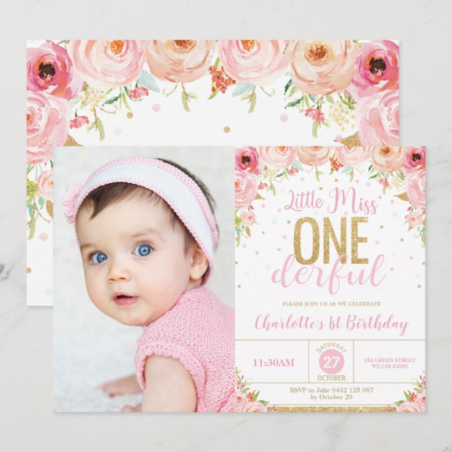 Little Miss Onederful Floral 1st Birthday Photo Invitation (Front/Back)