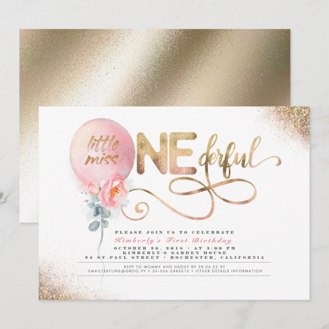 Little Miss ONEderful Floral Balloon 1st Birthday Invitation (Front/Back)