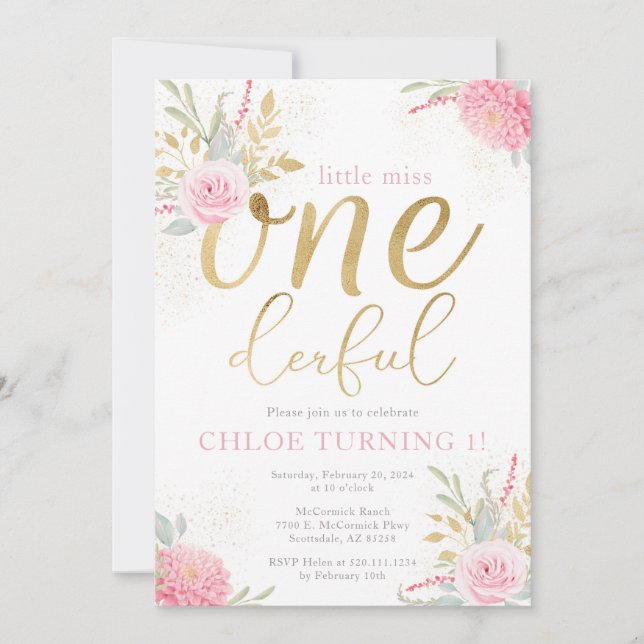 Little Miss ONEderful Floral Birthday Invitation (Front)