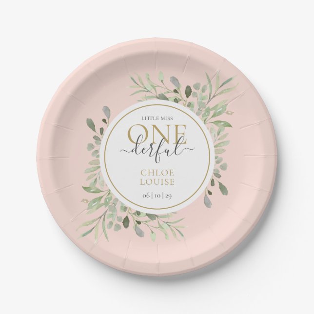 Little Miss ONEderful Girl First Birthday Pink Paper Plate (Front)