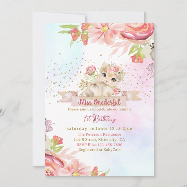 Little Miss Onederful Kitten 1st Birthday Invitation (Front)