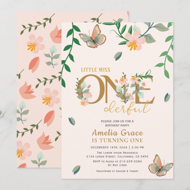 Little miss onederful peach floral 1st birthday  invitation (Front/Back)