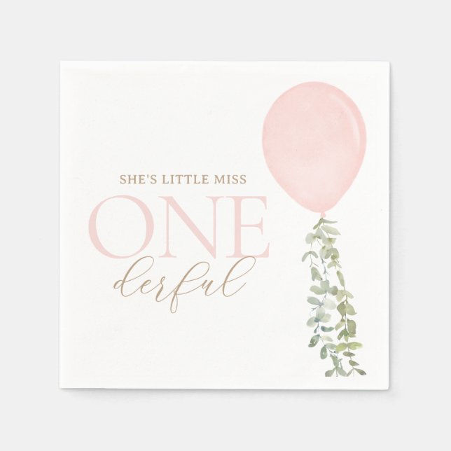 Little Miss Onederful Pink Balloon Birthday Napkin (Front)