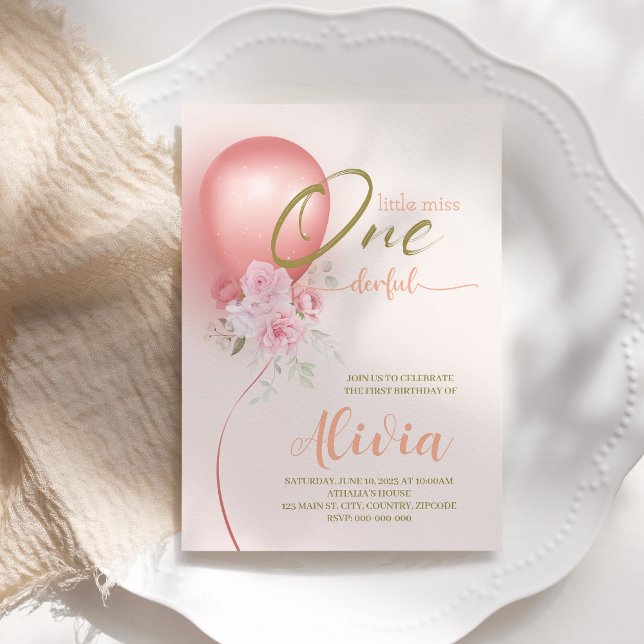Little Miss ONEderful Pink Floral 1st Birthday Invitation (Creator Uploaded)