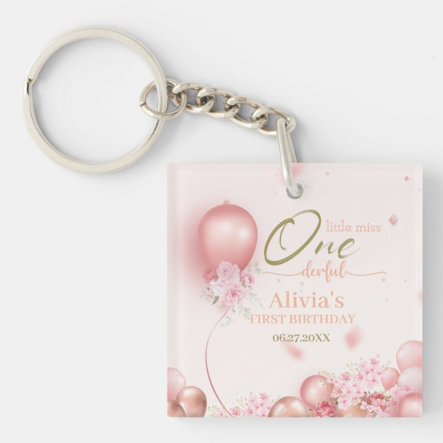 Little Miss ONEderful Pink Floral 1st Birthday Keychain (Front)