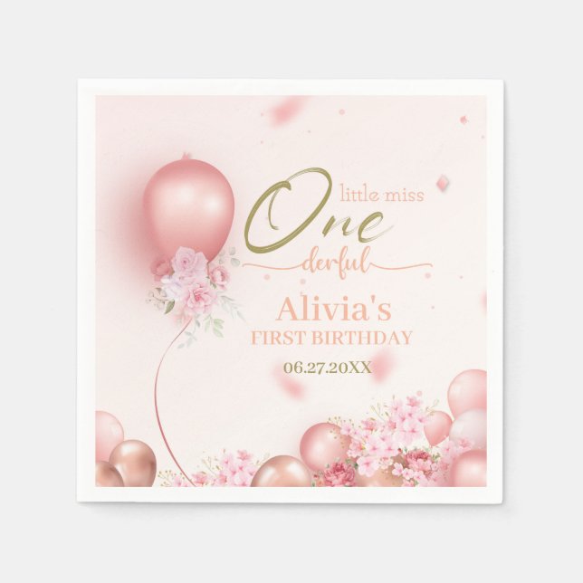 Little Miss ONEderful Pink Floral 1st Birthday Napkin (Front)