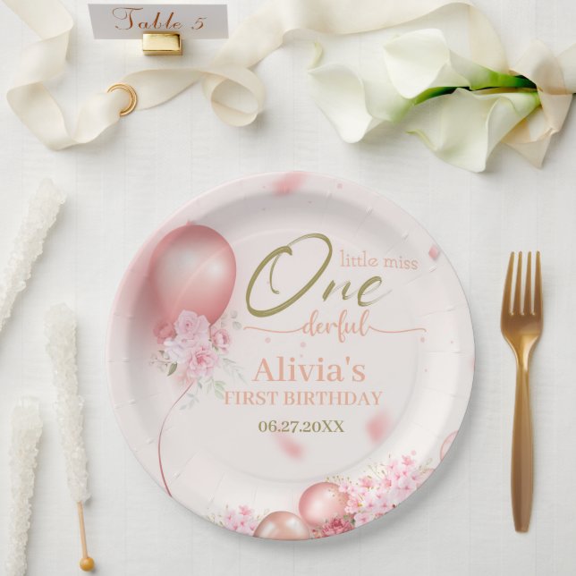 Little Miss ONEderful Pink Floral 1st Birthday Paper Plate (Wedding)