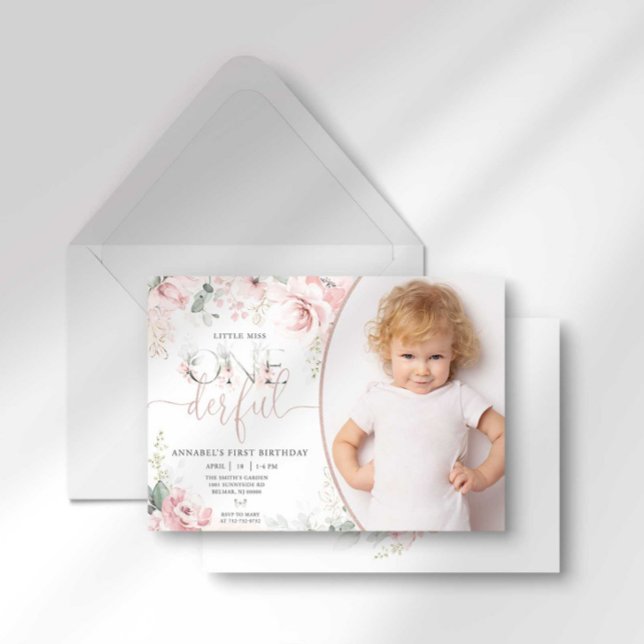 Little Miss Onederful Pink Floral Invitation (Creator Uploaded)