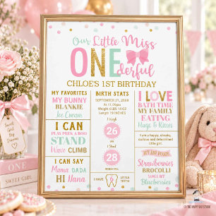 Little Miss Onederful Pink Milestone Birth Stats Poster