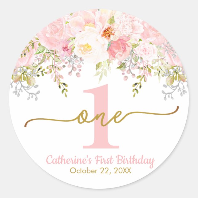 Little Miss ONEderful Pink Roses First Birthday Classic Round Sticker (Front)