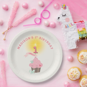 Little Miss Pink Cupcake Girl's 1st Birthday Party Paper Plate
