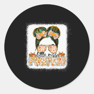 Little Miss Pumpkin Messy Bun Girl Fall Thanksgivi Classic Round Sticker