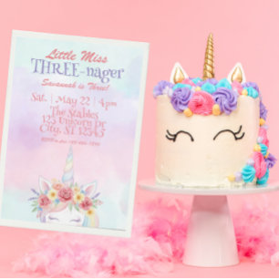 Little Miss Three-nager, Unicorn 3rd Birthday Invitation