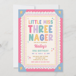 Little Miss Threenager Whimsical Girl 3rd Birthday Invitation