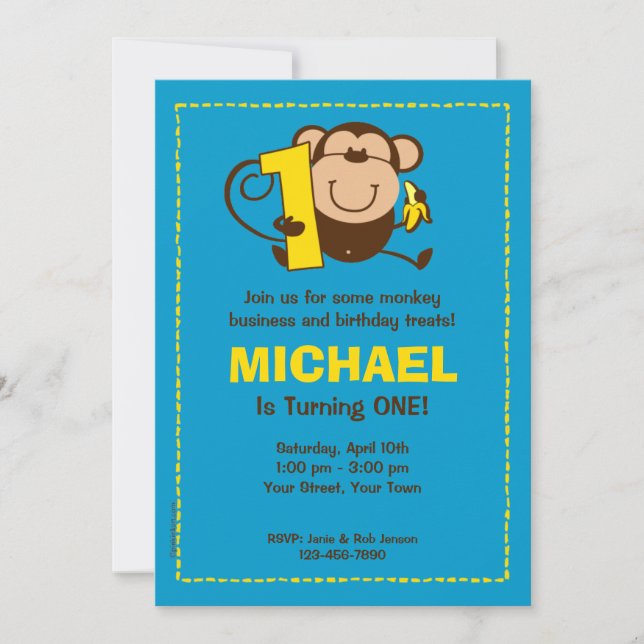 Little Monkey 1st Birthday Boy Custom Invitations (Front)