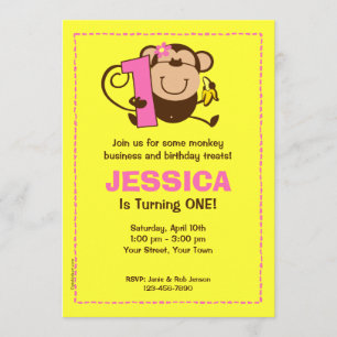 Little Monkey 1st Birthday Girl Custom Invitations