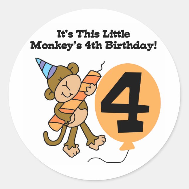 Little Monkey 4th Birthday Tshirts and Gifts Classic Round Sticker (Front)