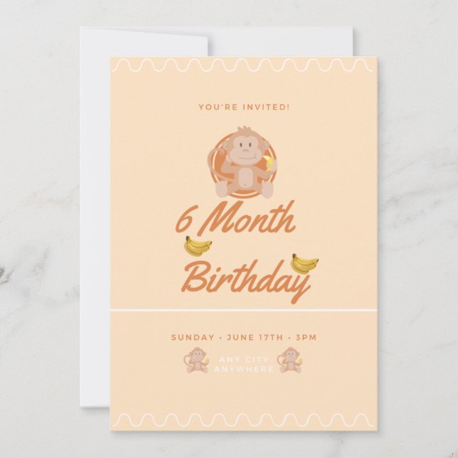 Little Monkey 6 Month Birthday Invitation (Front)