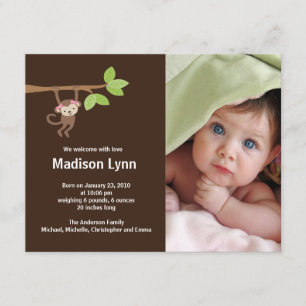 Little Monkey Baby Girl Birth Photo Announcement