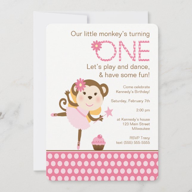 Little Monkey Birthday with Balerina Invitation (Front)