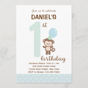 Little Monkey First Birthday Invitation (Blue)