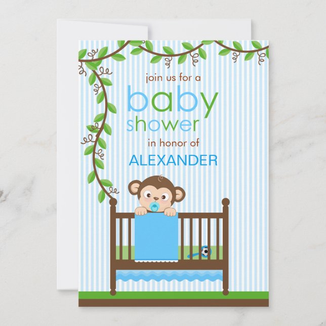 Little Monkey in a Crib Boy Baby Shower Invitation (Front)