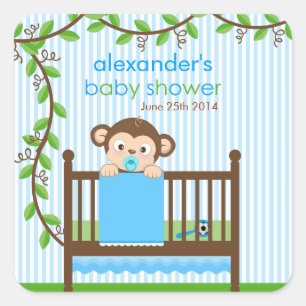 Little Monkey in a Crib Boy Baby Shower Sticker