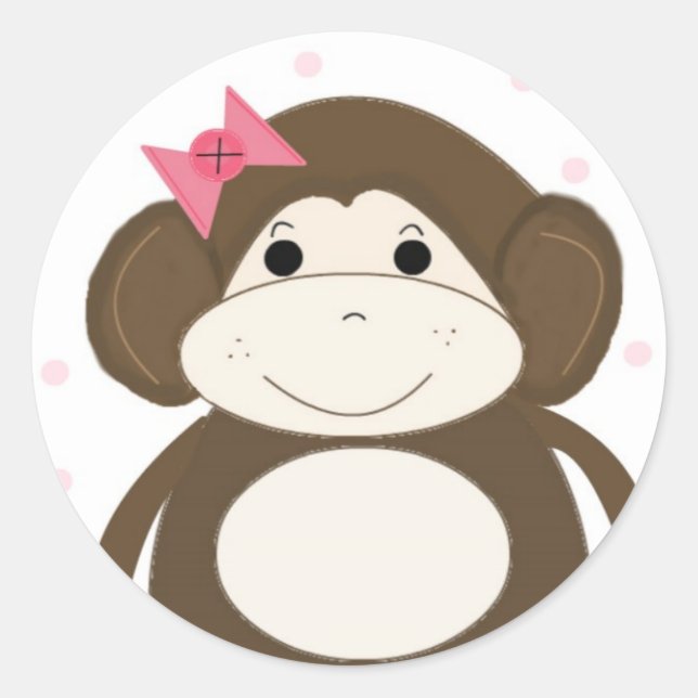 Little Monkey with a Pink Hair Bow Classic Round Sticker (Front)