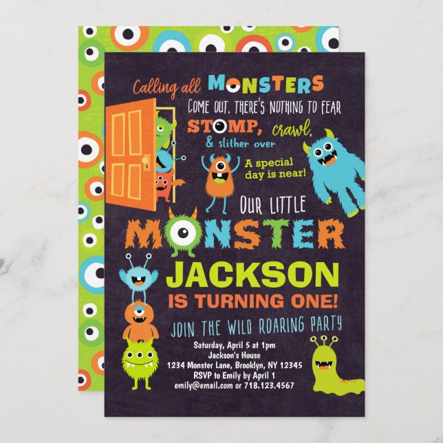 Little Monster 1er anniversaire Invitation Boys (Devant / Derrière)