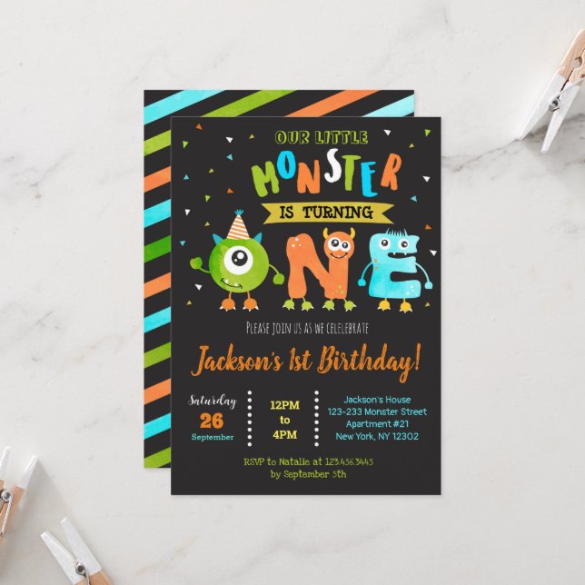 Little Monster 1st Birthday Party Invitations Boy (Front/Back In Situ)