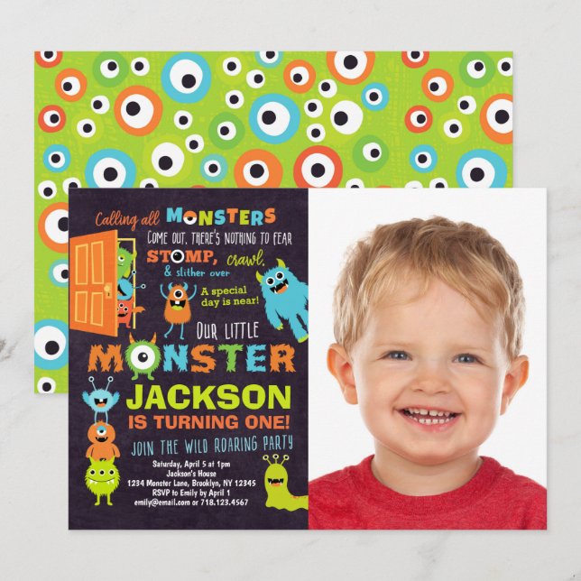 Little Monster 1st Birthday Photo Invitation (Front/Back)