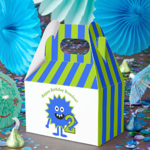 Little Monster 2nd Birthday Boy Blue Green Stripes Favor Box