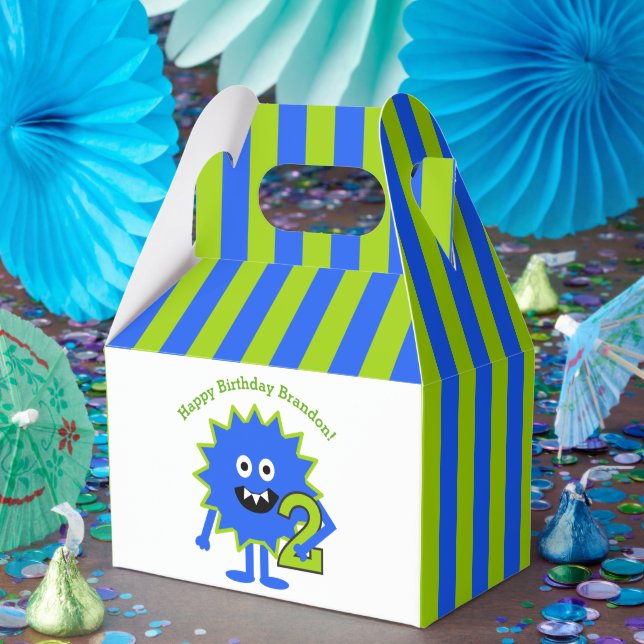 Little Monster 2nd Birthday Boy Blue Green Stripes Favor Box (Party)