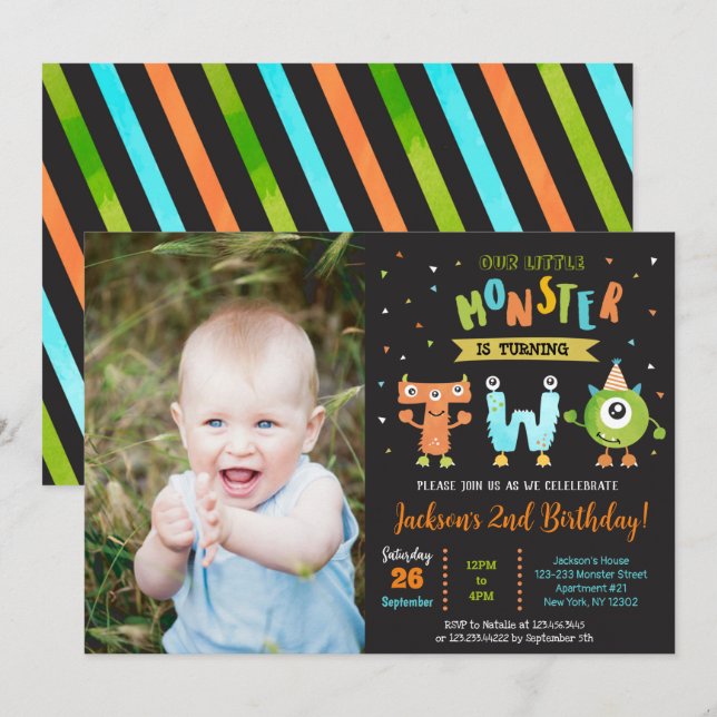 Little Monster 2nd Birthday Party Invitations boy (Front/Back)
