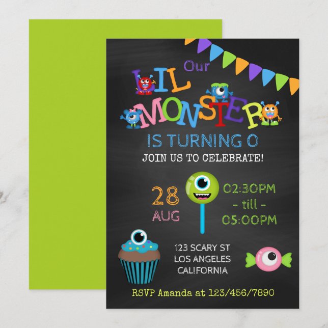Little Monster any age Birthday Chalkboard Invitation (Front/Back)