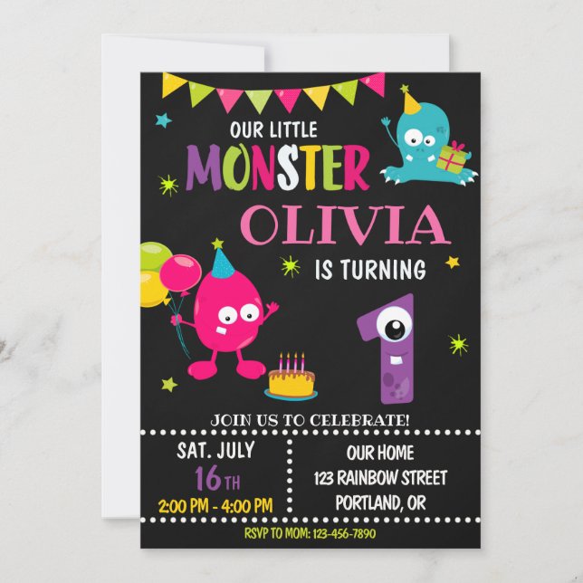 Little monster birthday invitation for girl (Front)