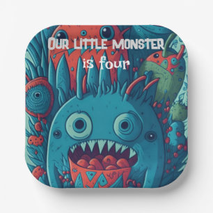 Little monster birthday party blue red paper plate