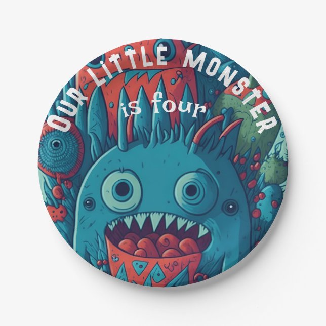 Little monster birthday party blue red paper plate (Front)